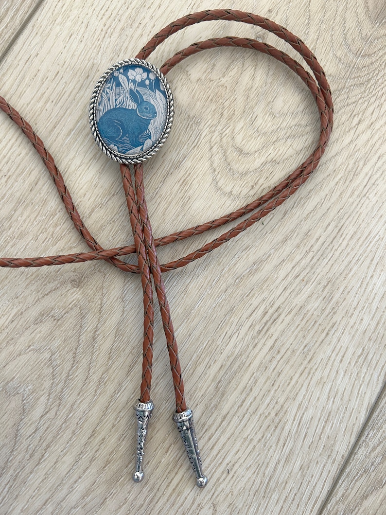 Rabbit Bolo Tie Western Gifts for Him Leather Cowboy Necktie Accessories Mens Necklace Animal Lariat Bunny Whimsical Blue Bola Silver Ends image 4