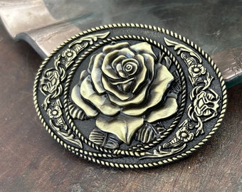 Western Bronze Color Rose Belt Buckle - Engraved - Cowgirl -  Gift idea for women her - Girls - Flower Floral Gold - Trophy Barrel Racing