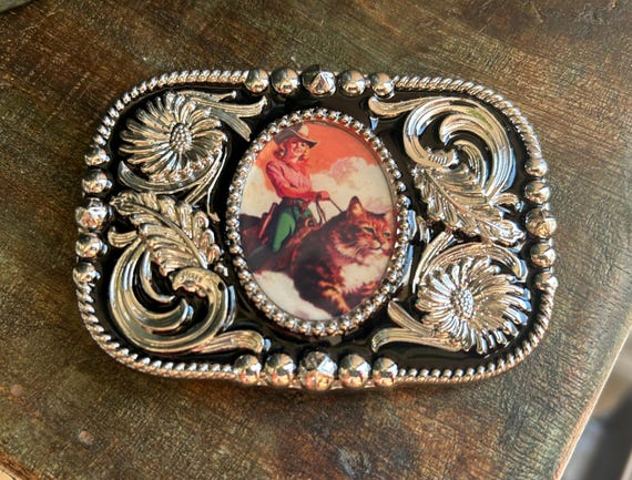 Cowgirl Cat Silver Belt Buckle: Vintage Western Style, Fits  display picture 1