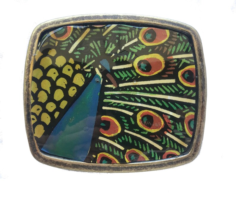 Bird Feather Green Turquoise Blue Vintage Peacock Belt Buckle Brass Inlay Print Painting Lover Art Deco Style Colorful Design