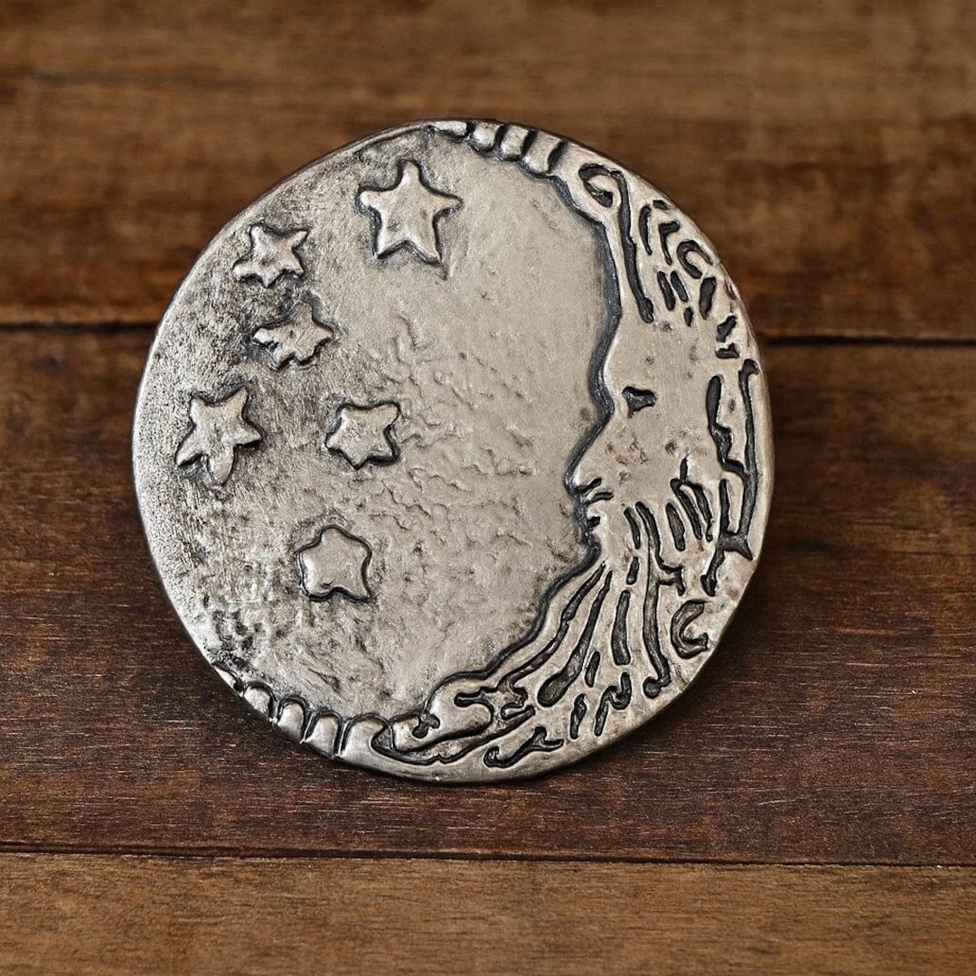 Handmade Silver Moon Face Belt Buckle: Smiling Man in the Moon, Stars ...
