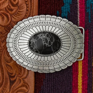 Black Stone Belt Buckle: Engraved Silver Western Concho - Etsy