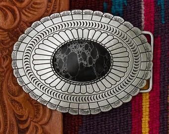 Klamra do paska z czarnego kamienia: grawerowane srebrne Western Concho
