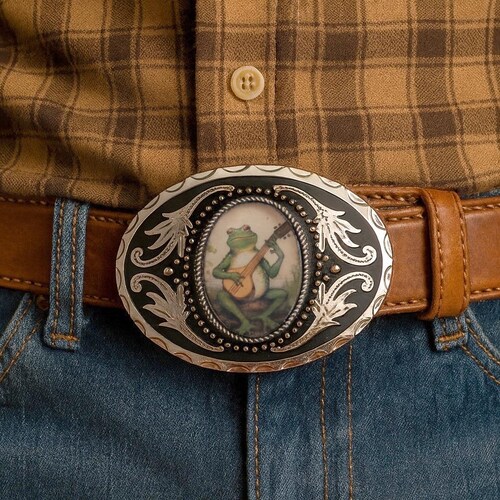Banjo Frog Belt Buckle: Western Style Silver Buckle, Handmade