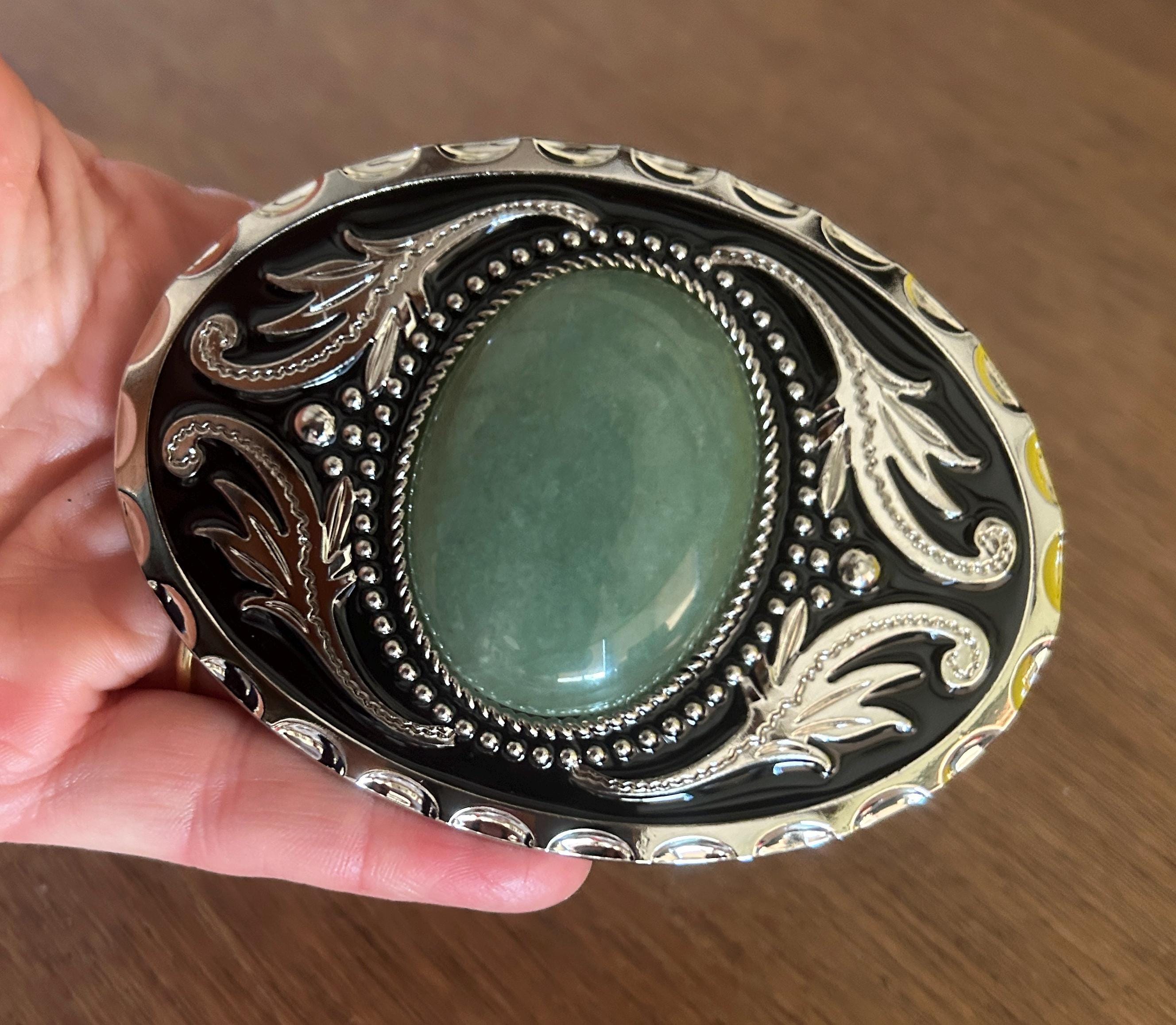 Sage Green Stone Belt Buckle: Engraved Silver Western Style 