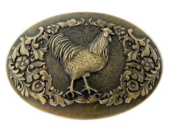 Beautiful Engraved Rooster Belt Buckle - Chicken Hen Animal - Brass Gold - Chicken - Art - Mexican - Bird - Cock - Fighting Head Farming