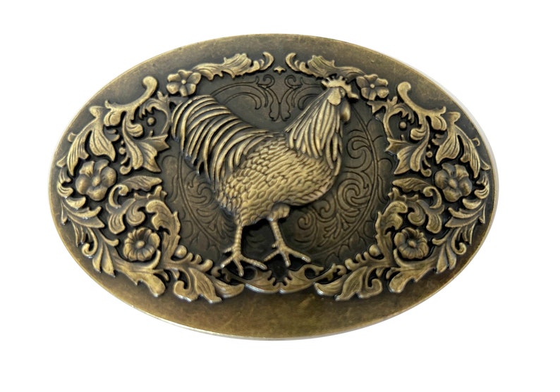 Beautiful Engraved Rooster Belt Buckle Chicken Hen Animal Brass Gold Chicken Art Mexican Bird Cock Fighting Head Farming image 1