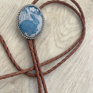 Rabbit Bolo Tie Western Gifts for Him Leather Cowboy Necktie Accessories Mens Necklace Animal Lariat Bunny Whimsical Blue Bola Silver Ends image 2