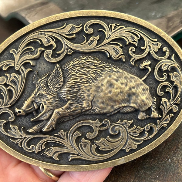 Large Brass Pig Belt Buckle - Running Wild Boar - Woods Forest Oink Snout Animal Hunting Hunter Razorback Leather Funny Gift dea Man