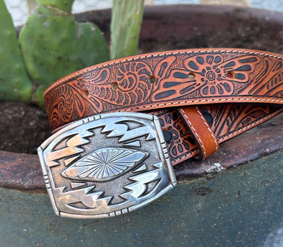 Tooled Brown Leather Western Belt: Silver Buckle, Full Grain  display picture 3