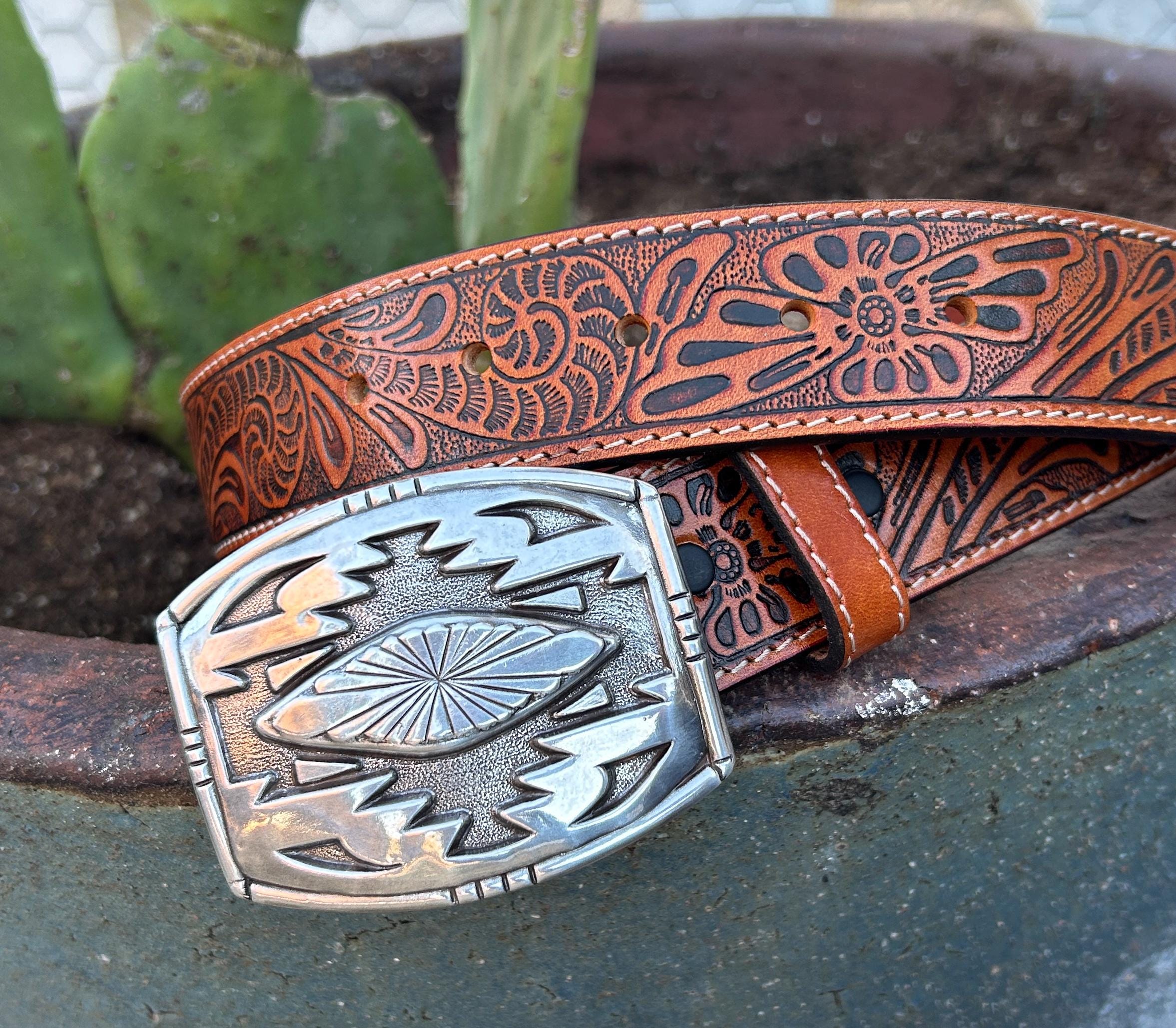 Tooled Brown Leather Western Belt: Silver Buckle, Full Grain  display picture 3
