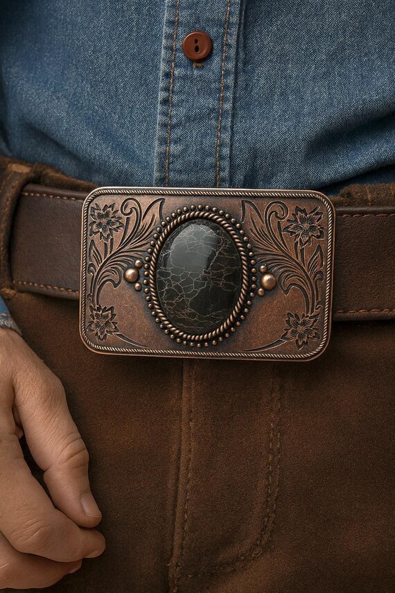 thumbnail image 2 of Vintage Western Cowboy Belt Buckle – Copper Floral Engraved – Fits 1" (25mm) Strap 2 of 3