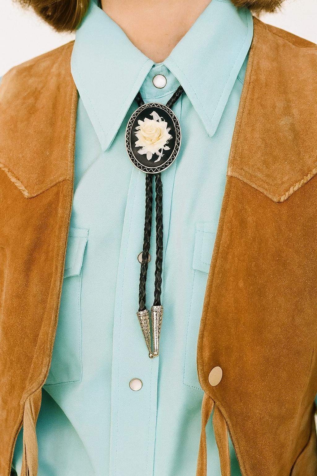Black & White Rose Bolo Tie: Western Cowgirl Cord Necklace