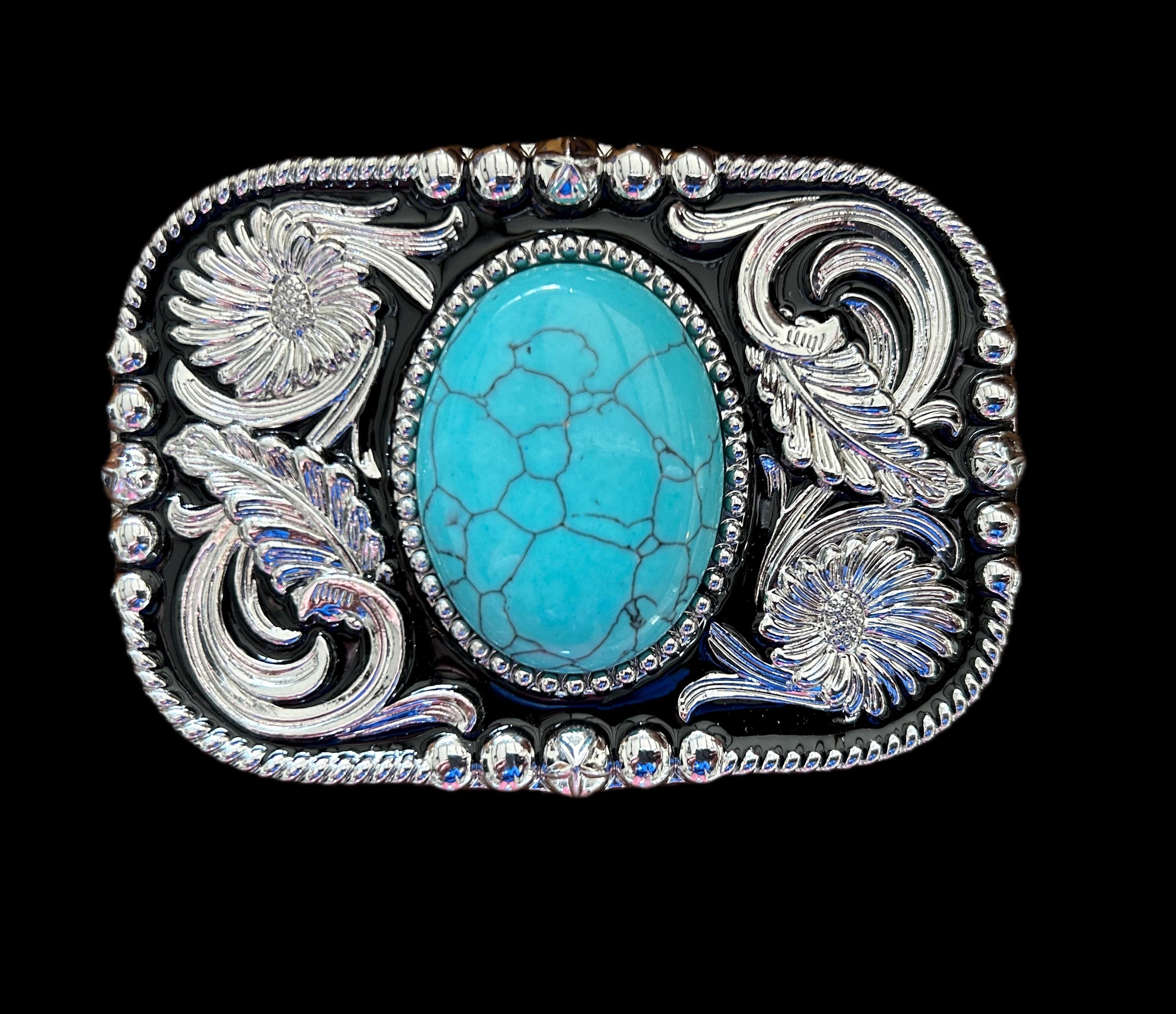 Silver Floral Western Belt Buckle With Teal Stone - Etsy