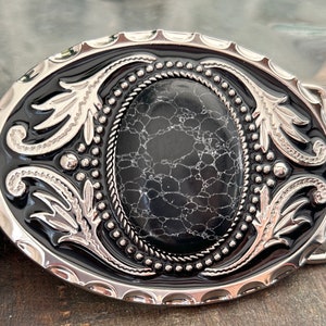 Black Stone Belt Buckle White Vein Agate Western Design Cabochon Oval Round Silver Engraved Mens Woman Wedding Accessories Ladies New image 2