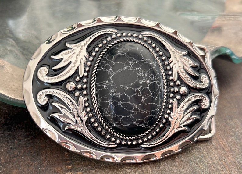 Black Stone Belt Buckle White Vein Agate Western Design Cabochon Oval Round Silver Engraved Mens Woman Wedding Accessories Ladies New image 2