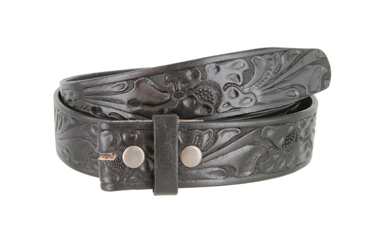Black Tooled Leather Snap Belt Strap 100 Full Grain Western Etsy