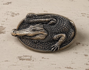 Vintage Brass Crocodile Belt Buckle: Alligator Animal Design