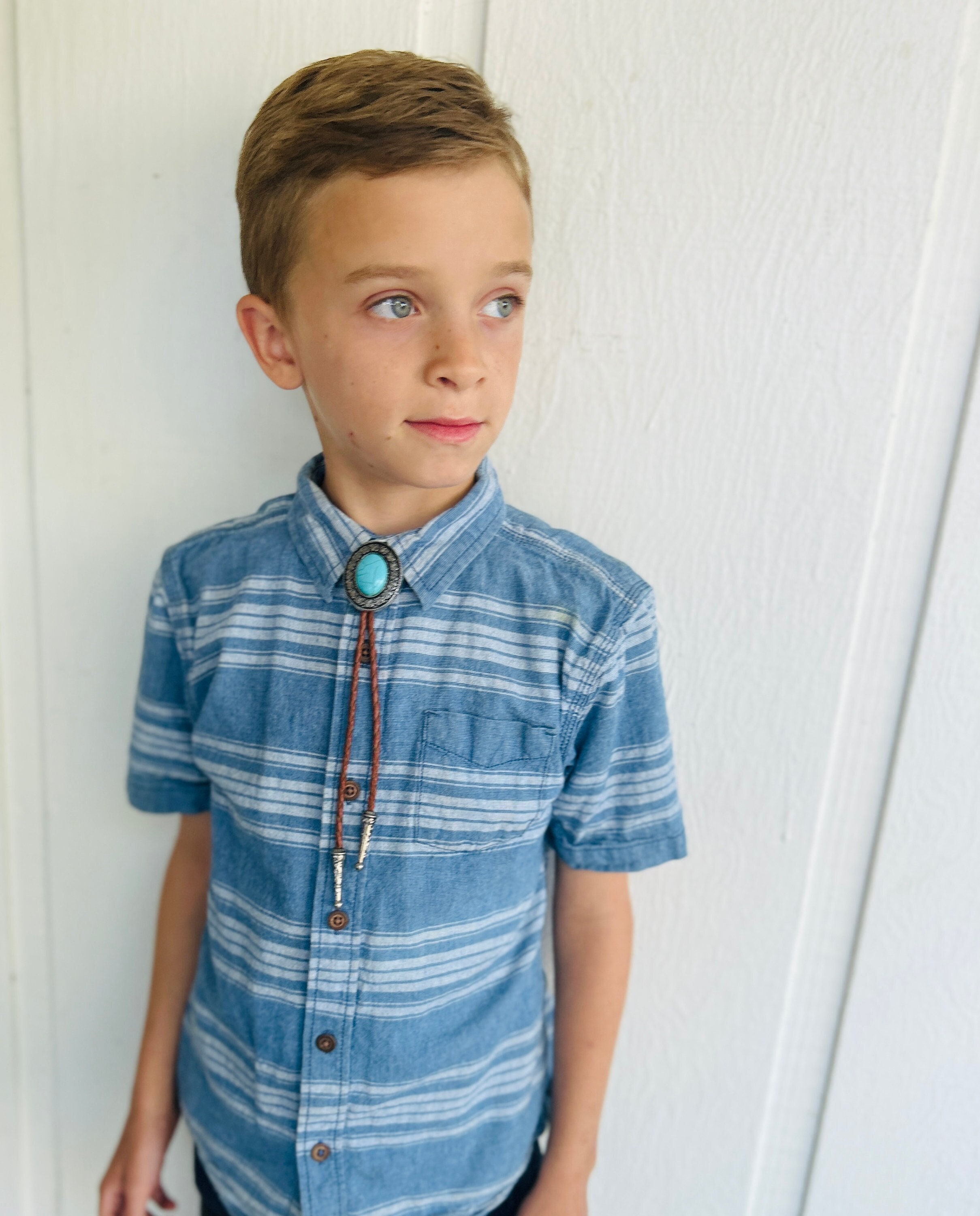 Kids Bolo Tie - Small - Turquoise Silver - Brown Leather Cowboy Necktie Accessories Mens Necklace - Leather Cord Woven Baby Custom