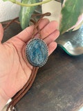 Blue Onyx Bolo Tie - Stone Gifts for Him Cabochon Bola Leather Cowboy Necktie Accessories Mens Necklace Leather Cord Brown Wedding Attire