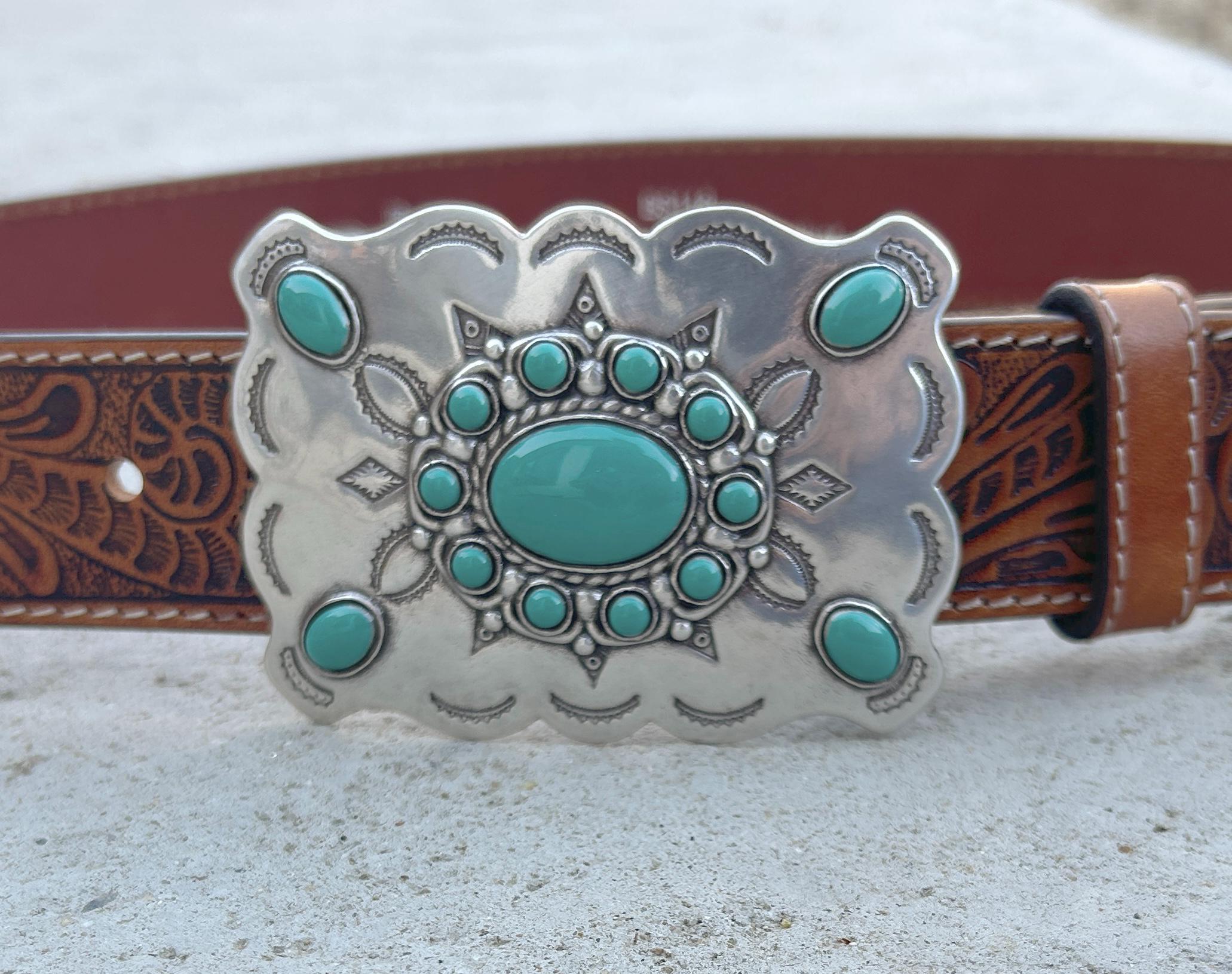 Tooled Leather Belt Strap: Turquoise Stone Buckle, Western  display picture 1