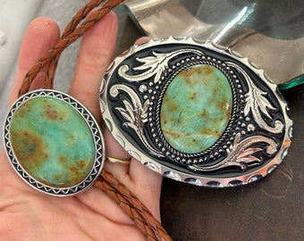 Teal Stone Inlay Bolo Tie and Buckle Set : Western Leather Cowboy Necktie