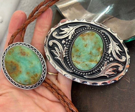 Teal Stone Inlay Bolo Tie and Buckle Set : Western Leather  display picture 1
