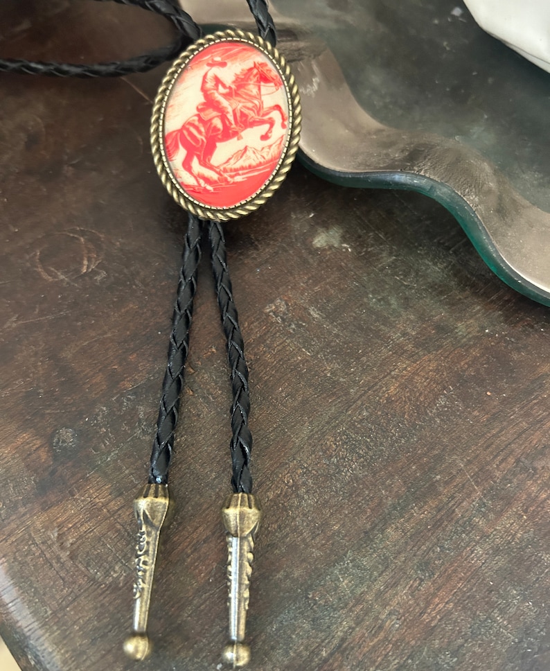 Vintage Cowboy Bolo Tie Gifts for Him Cabochon Indian Leather Cowboy Necktie Accessories Mens Necklace Bola Leather Bronco Rodeo Horse image 4