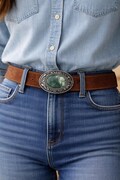 Green Stone Belt Buckle: Engraved Silver Western Design