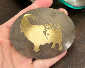 Goat Belt Buckle - Handmade Laser Engraved - Western Style Beautiful Brass Buckle - Gifts for Him Farm Animal Ram Ewe Billy Gold Oval Cool