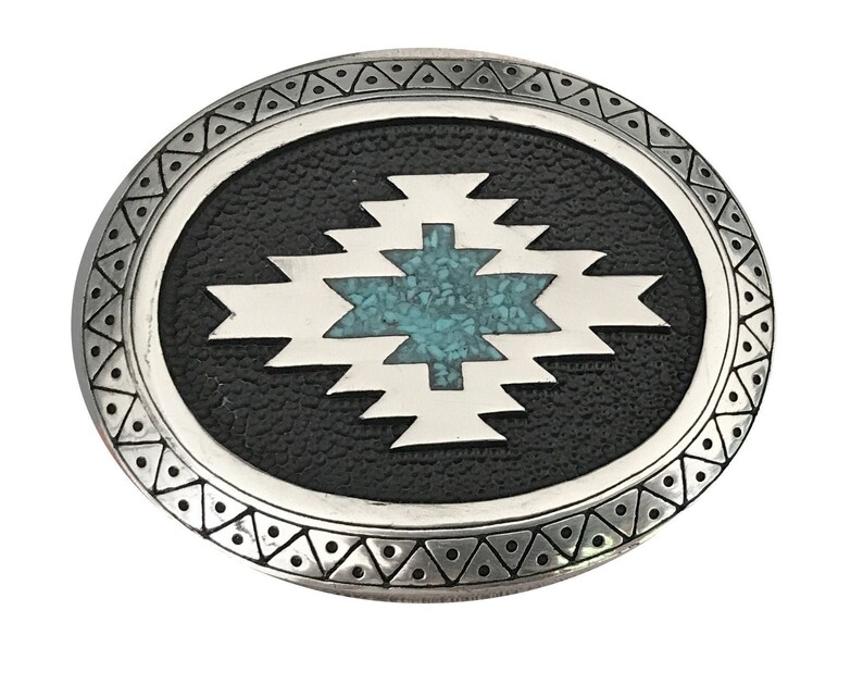 Handmade Turquoise Inlay Belt Buckle Oval Western Southwestern Style Chevron Design Engraved Country Inlaid Handcrafted Mens Gift Idea image 2