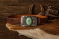 Tooled Brown Leather Belt : Turquoise Stone Western Buckle, Full Grain Cowhide