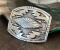 Large Engraved Silver Belt Buckle - Navajo Design Engraved Border - Western Style  for Cowboy Cowgirl - Horse Show - Rodeo Trophy -