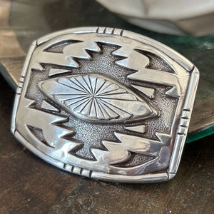 Large Engraved Silver Belt Buckle - Navajo Design Engraved Border - Western Style  for Cowboy Cowgirl - Horse Show - Rodeo Trophy -