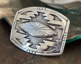 Large Engraved Silver Belt Buckle - Navajo Design Engraved Border - Western Style  for Cowboy Cowgirl - Horse Show - Rodeo Trophy -