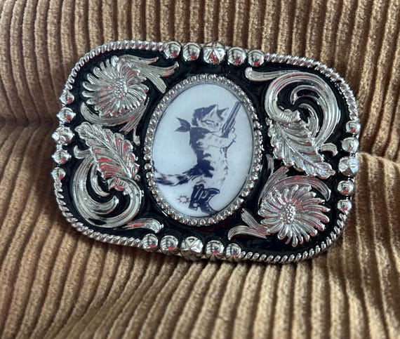 Vintage Western Cowboy Belt Buckle Ornate Oval Cat Eye‎ Stone Metal Brown Silver Vintage Western Cowboy Belt Buckle Ornate Oval Cat Eye Stone  main image 3