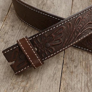 Dark Brown Tooled Leather Belt Strap: Full Grain Western Style