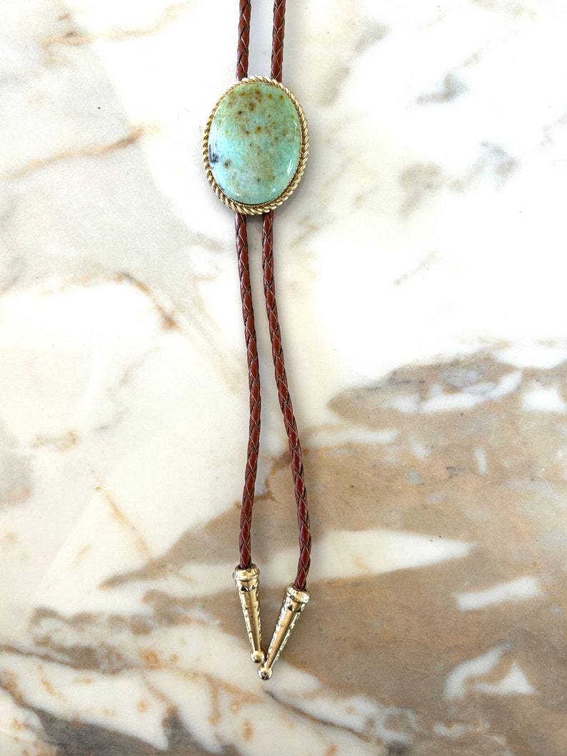 Southwestern Turquoise Flecked Bolo Tie Gifts for Him Cabochon Indian Leather Cowboy Necktie Accessories Mens Necklace Leather Cord Lariat image 3