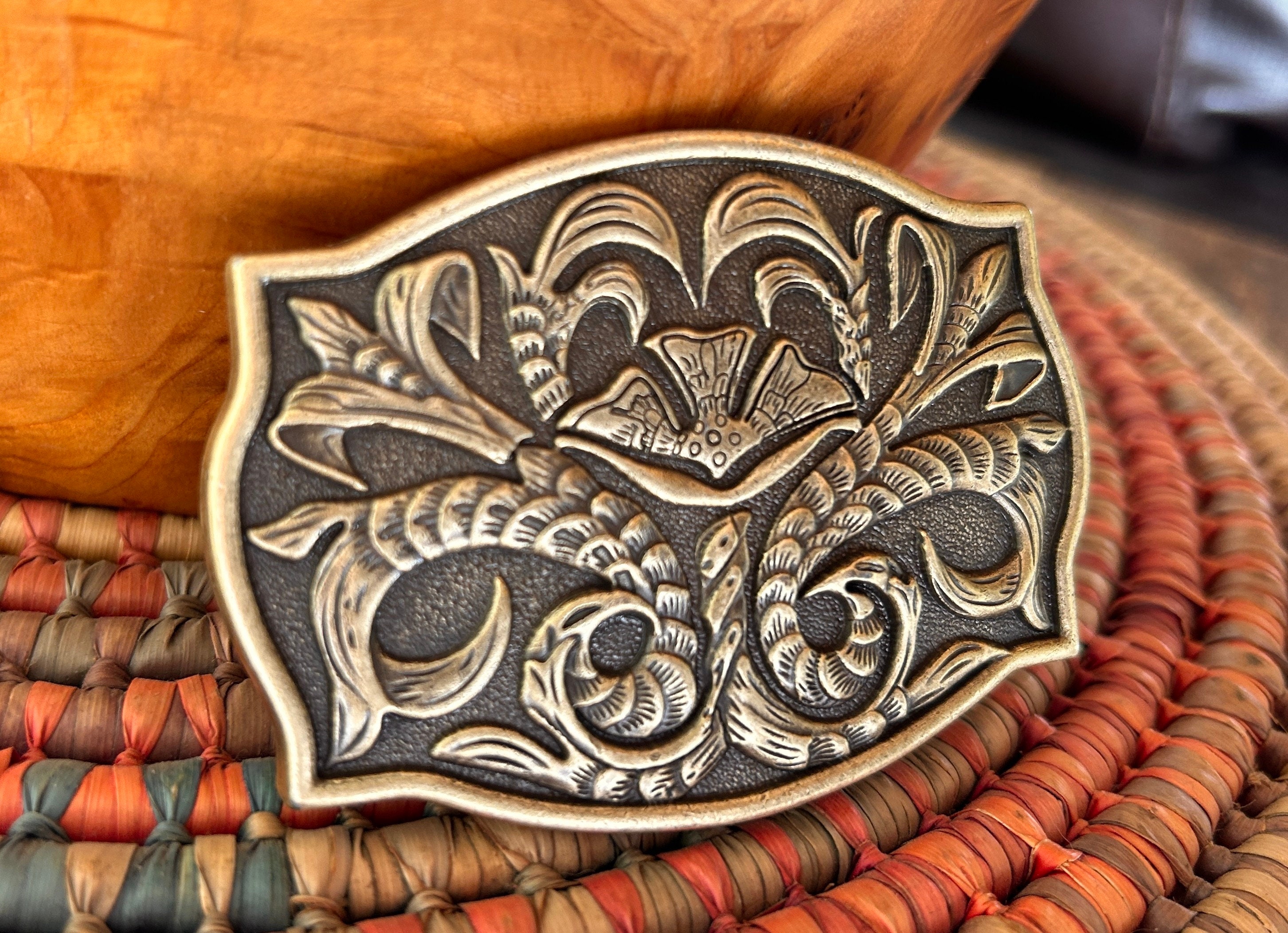 Engraved Brass Western Belt Buckle: Floral Lily Leaf Design 