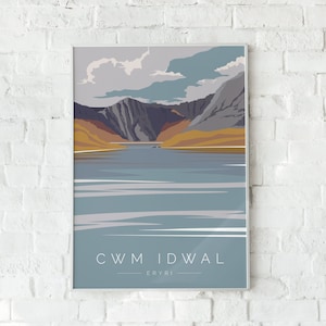 May include: A framed print of a mountain lake scene with a blue, grey, and brown colour scheme. The text "CWM IDWAL - ERYRI" is at the bottom of the print.