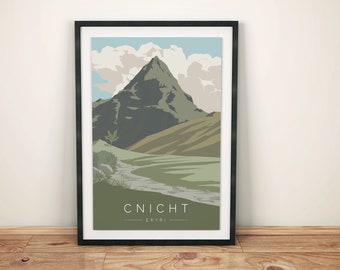 May include: A framed illustration of a mountain peak with a winding path leading to the summit. The mountain is green and brown, with a blue sky and white clouds in the background. The text "CNICHT" and "ERYRI" is printed below the mountain.