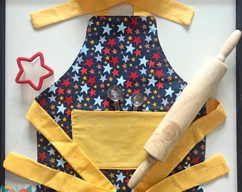 Reversible stars/yellow toddler sized apron; pretend play; 2T-4T