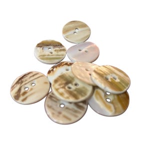 May include: A group of 10 round, white and brown shell buttons with two holes each.