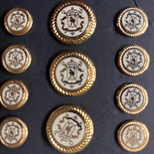 May include: A set of ten gold-colored buttons with a white background and a brown crest design. The buttons have a rope-like border.