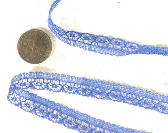 May include: A close-up of a light blue lace trim. The trim has a delicate floral pattern and is approximately 1 inch wide.