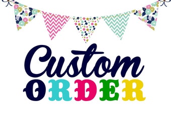 Op de afbeelding: Een grafisch ontwerp met de tekst "Custom Order" in kleurrijke letters. De tekst is versierd met een string van kleurrijke vlaggen met verschillende patronen.