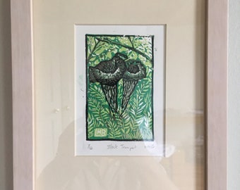 numbered hand carved American Redstarts signed hand printed limited edition 6 color reduction block print