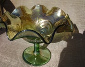 Older Imperial Carnival Glass Green Scroll Embossed Compote
