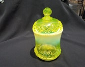 EAPG Northwood National Glass Canary or Vaseline Opalescent Diamond Spearhead Sugar Bowl