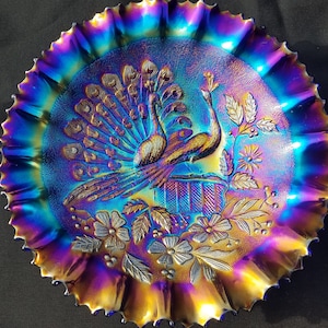 Northwood Carnival Glass Electric Blue Stippled Peacocks Pie Crust Edge Bowl
